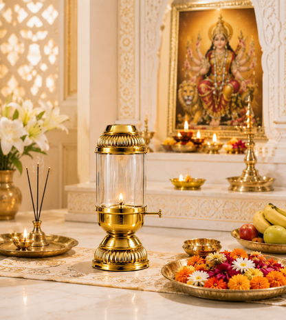 Akhanda Brass Diya with Adjustable Bati, Borosilicate Glass Cover for Puja