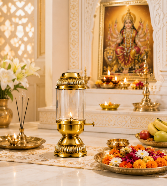 Akhanda Brass Diya with Adjustable Bati, Borosilicate Glass Cover for Puja