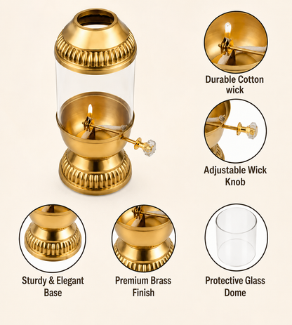 Akhanda Brass Diya with Adjustable Bati, Borosilicate Glass Cover for Puja