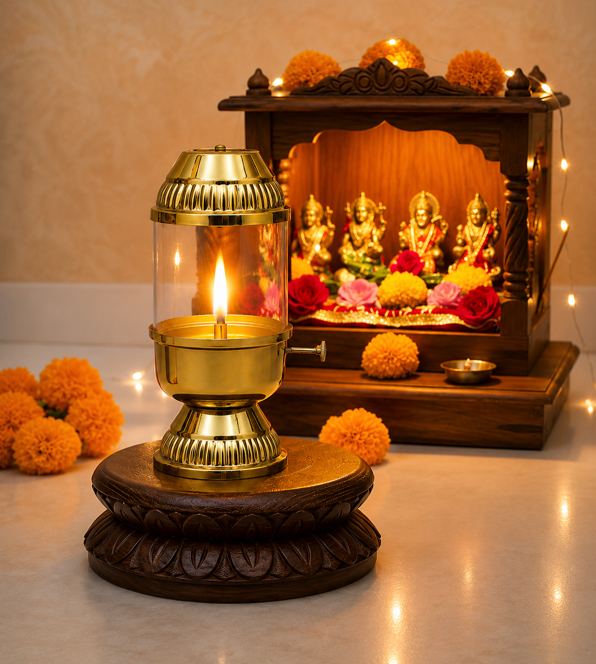 Akhanda Brass Diya with Adjustable Bati, Borosilicate Glass Cover for Puja