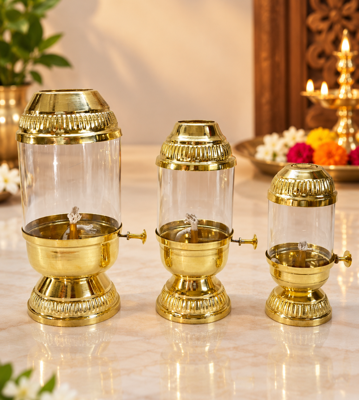 Akhanda Brass Diya with Adjustable Bati, Borosilicate Glass Cover for Puja