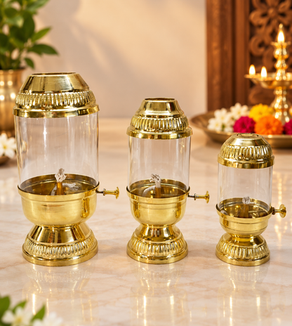 Akhanda Brass Diya with Adjustable Bati, Borosilicate Glass Cover for Puja